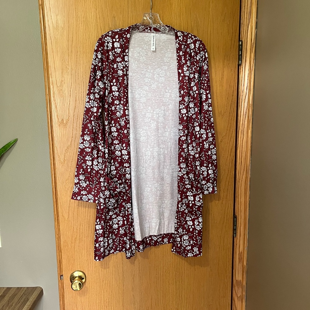 Tickled Teal Burgundy and White Floral Cardigan